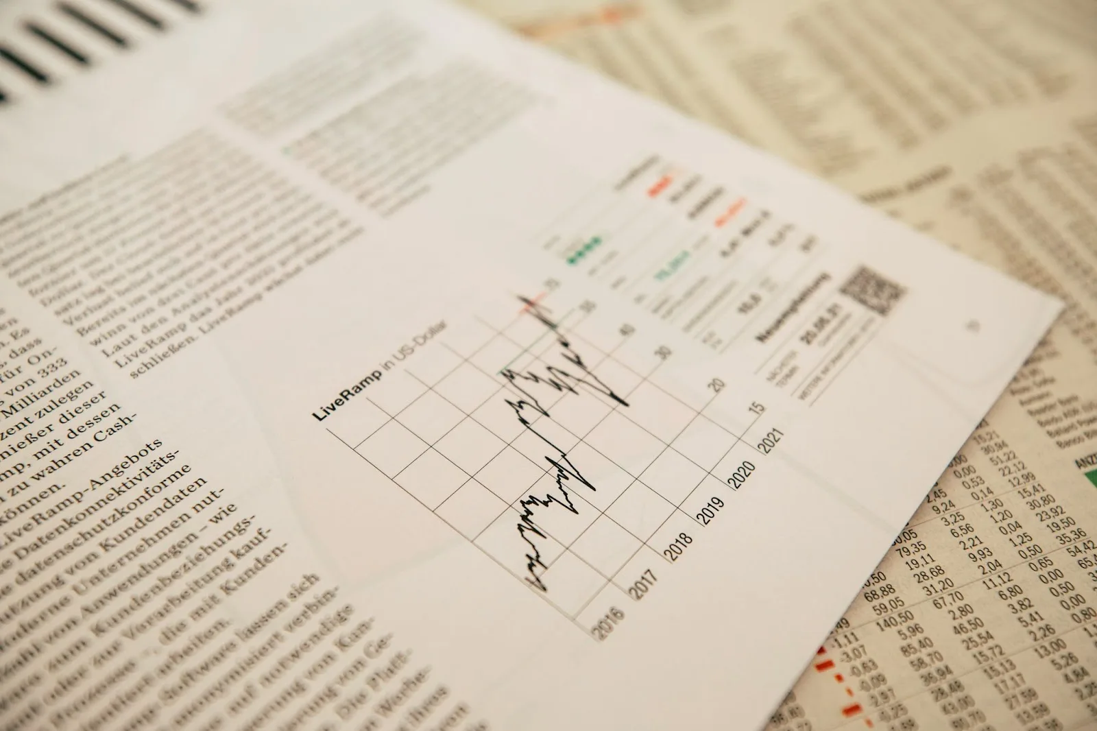 Cotations boursières et graphique de performance dans un journal financier, illustration du risque de marché