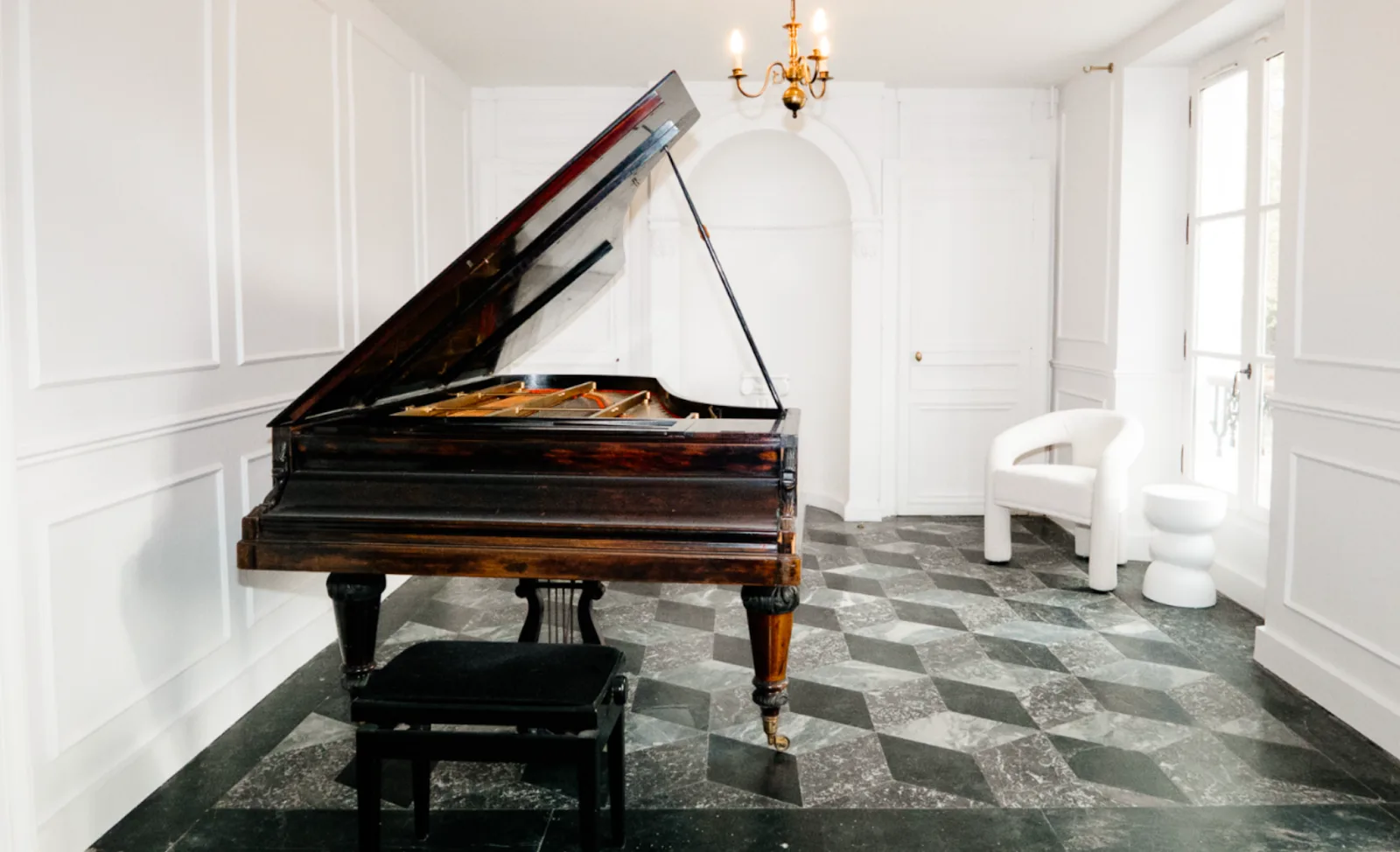 Salon d'un hôtel particulier parisien avec piano à queue, illustration d'un patrimoine conséquent à placer